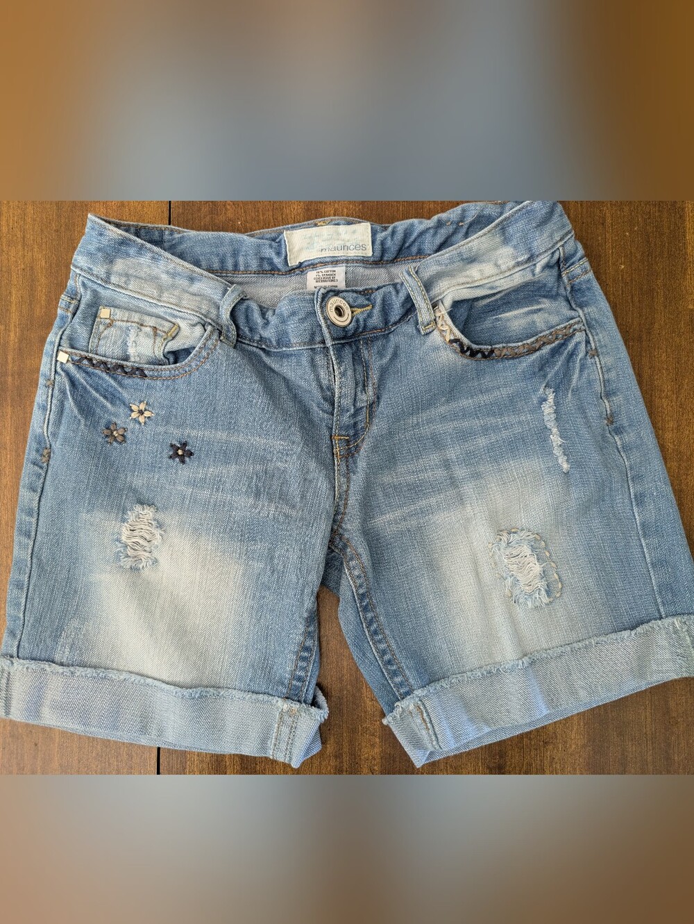 Maurices Y2K Denim Embroidered Distressed Shorts 1-2